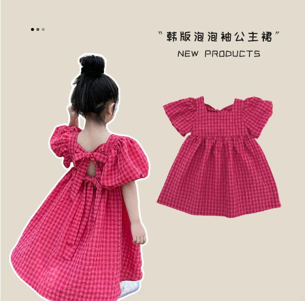 Spot girls short-sleeved dress 2024 summer new Korean version children's red puff sleeve skirt cross-border new style