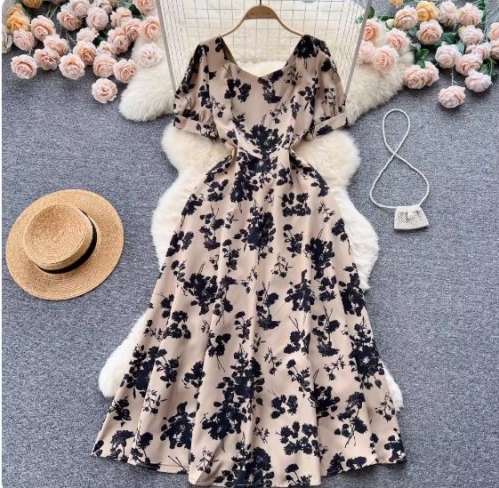 Spring and summer new style French elegant style covering the flesh and looking slimming simple V-neck floral dress women's lace-up mid-length skirt with large hem