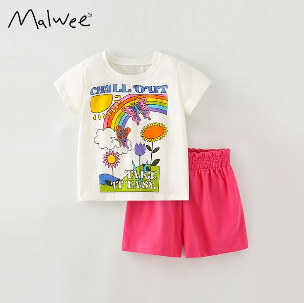 malwee girls suit summer new style children's cartoon short-sleeved round neck little girl two-piece set children's clothing