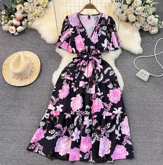 Korean chic gentle style puff short-sleeved V-neck waist slimming lace-up A-line floral dress elegant long skirt