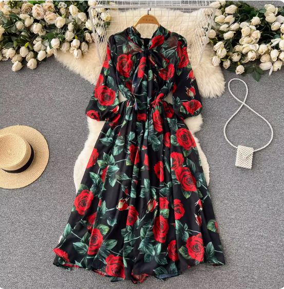 Spring and summer floral dress for women 2023 new style French temperament socialite high-end bow collar long skirt trendy