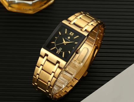 Rectangle Gold Watch Men Wrist Business Golden Quartz Watches Stainless Steel Strap