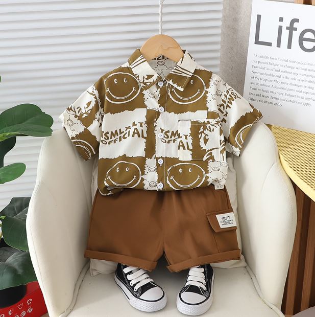 Children's clothing boys summer shirt suit Western style 2024 new children's summer clothing handsome baby short-sleeved one piece drop shipping