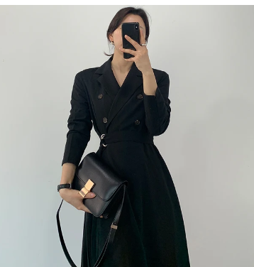 South korea Chic Minimalism Elegant Suit Collar Double Breasted Lace-up Waist Hugging Slimming Long sleeve Pleated Dress