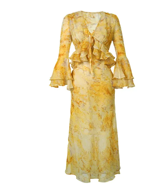 2023 Summer Sweet 2 Peice Dress Set Women Yellow Chiffon Ruffles Bandage Jacket Slip Maxi Robe Femme Holiday Beach Boho Outfits