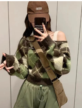 Coffee Green Rhombus Crop Sweater Women 2023 Autumn New Design off-the-Shoulder Versatile Top