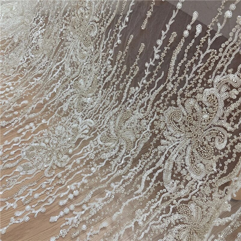 LFY Rich Bead Embroidery Lace Fabric Sliver White High Quliaty Wedding Dress Fabric Heavy Evening Gown Dress French Lace