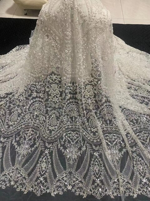 New high-end soft mesh French lace fabric, ivory white bead tube sequin wedding bead embroidery dress fabric/5 yards