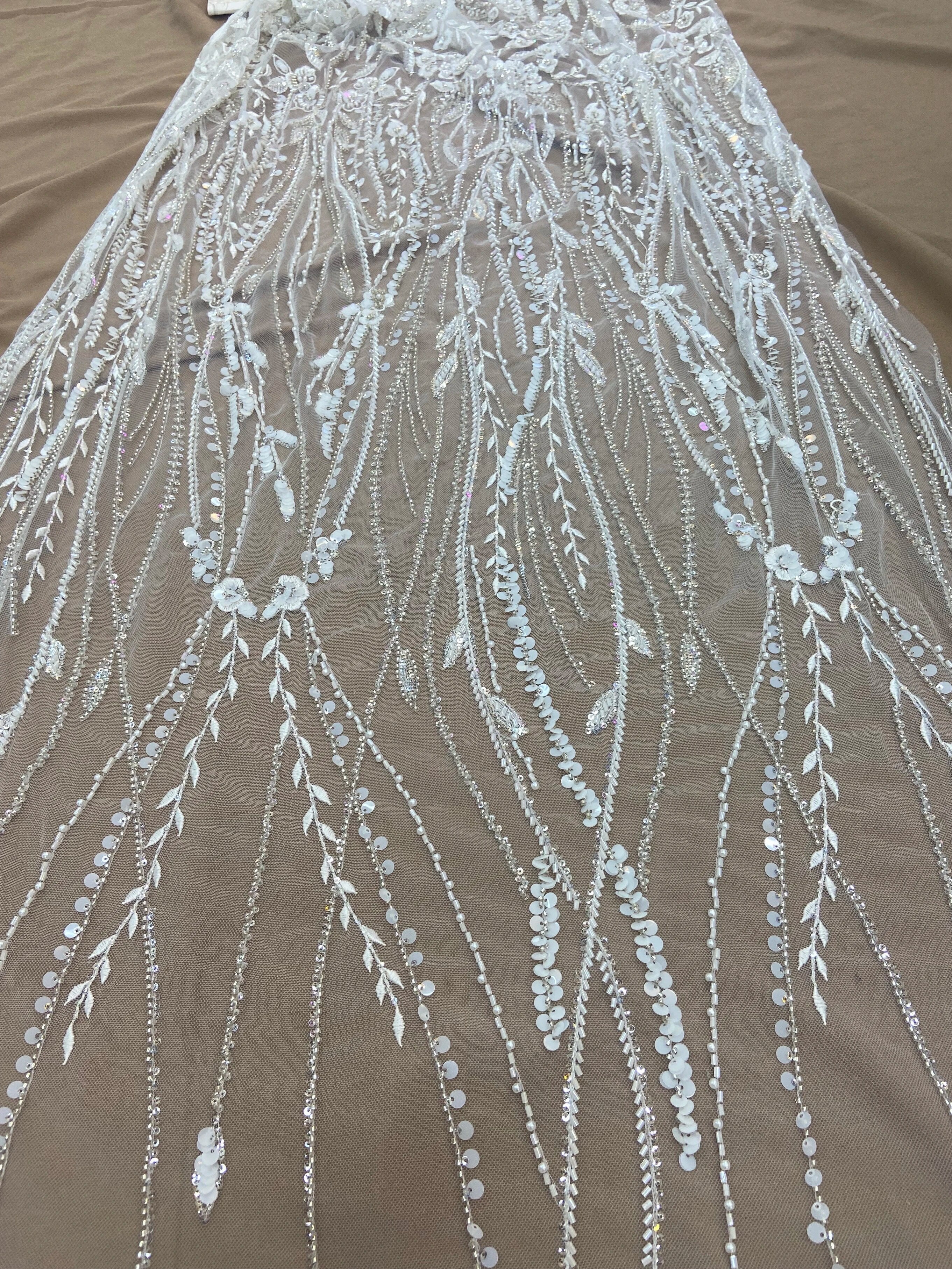 Newest High End Africa Embrordered Tulle Net Lace With White Bead Sequins French High Quality Mesh Fabric Party Evening Dress