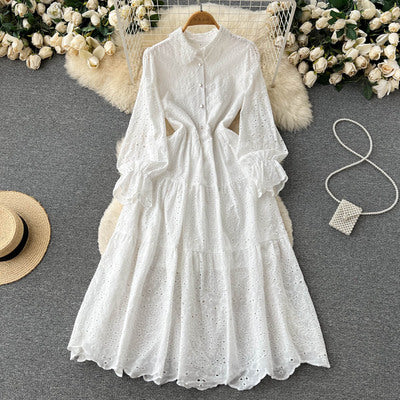 High-quality, light and familiar style, hollow air, trumpet sleeve dress, summer women's dress, slim waist, stunning long skirt tide