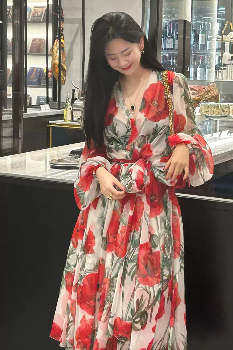 This year's popular hot style high-end temperament ladies seaside vacation princess tea break French floral shirt dress