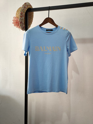 Spring and summer new star with the same style Balmain shoulder gold buckle bronzing letters cotton short-sleeved T-shirt