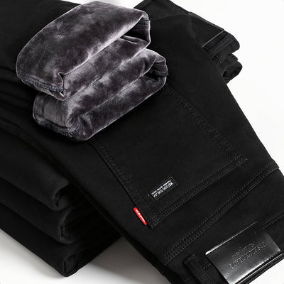 Playboy Pure Black Jeans Men's Velvet Thickened Elastic Loose Straight Pants Men's Winter Warmth