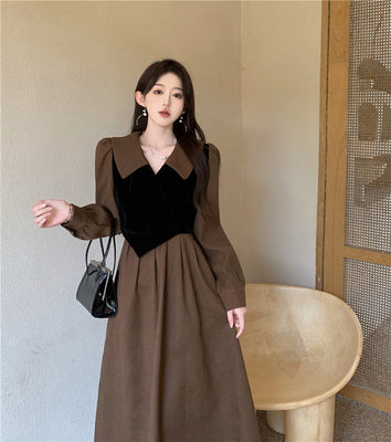 Fake two-piece splicing dress for women spring and autumn 2022 new style French high-end temperament waist slimming long skirt