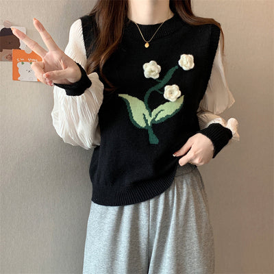 Large size fat mm early autumn new high-end fake two-piece knitted long-sleeved T-shirt women's new Chinese fashion light mature style top