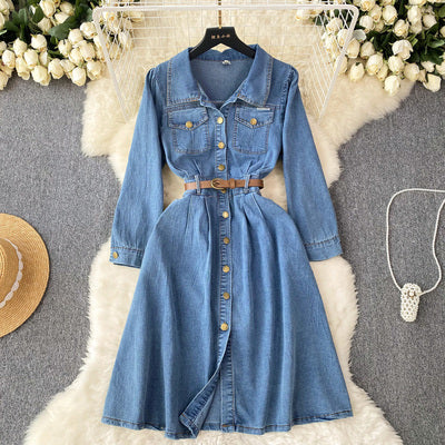 Retro washed denim dress women's autumn new high-end sense of slim temperament waist waist single-breasted long skirt