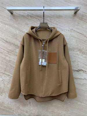 Fashionable loose version 23 autumn and winter new style short wool zipper hooded coat with pocket patch decoration