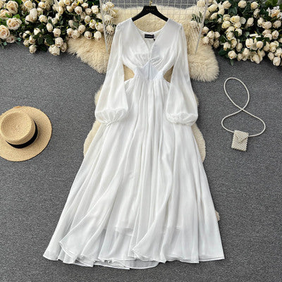 Super fairy white mesh dress women's summer V-neck lantern sleeve waist tulle high-quality temperament big swing dress