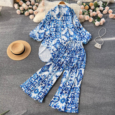 European and American fashion personalized print suit female lazy irregular lantern sleeve shirt + pleated wide-leg pants two-piece set