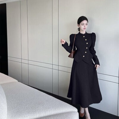 Xiaoxiangfeng celebrity suit female autumn new retro puff sleeve stand collar coat high waist slim irregular skirt