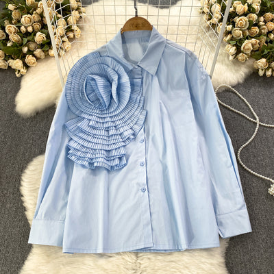 Spring and autumn fashionable long-sleeved sweet pleated fungus edge stitching three-dimensional large flower loose shirt women's casual top