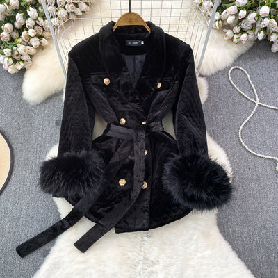 Women's winter new quilted gold velvet suit jacket Korean fashion high-end double-breasted warm jacket top