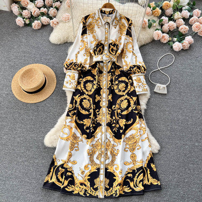 European and American palace style ins retro printed long-sleeved waist A-line dress women's French hip-covering knee-length long skirt trendy