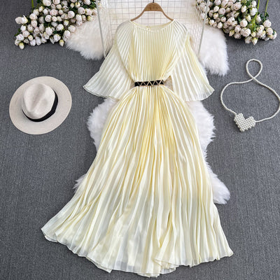 High-end, light and luxurious temperament, long-sleeved round neck, slim waist, A-line pleated dress, light and familiar style, large swing long skirt