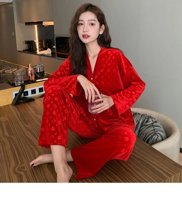 2022 Autumn and Winter Golden Velvet Pajamas Women's High-Quality Light Luxury Fashion Korean Style Loose Large Size Long Sleeve Home Clothes