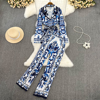 Fashion suit female European and American suit collar celadon printing waist shirt two-piece casual high waist straight wide leg pants