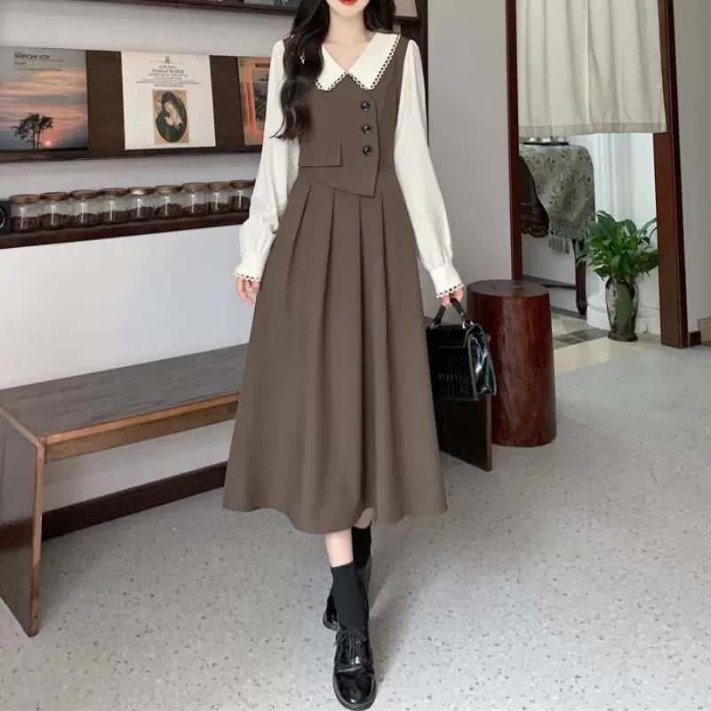 Retro splicing fake two-piece long-sleeved dress for women spring and autumn new fashion high-waisted slimming mid-length skirt