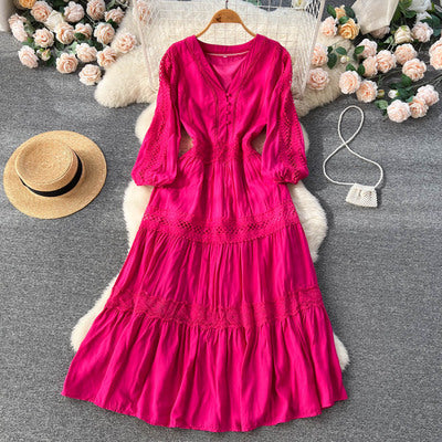 Spring and autumn V-neck hollow lace temperament self-cultivation dress women's French platycodon puff sleeves over-the-knee mermaid dress