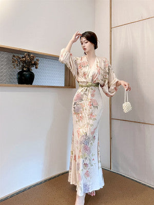 Bathing peony oriental classical beauty temperament French retro ink floral waist dress seaside long-sleeved summer