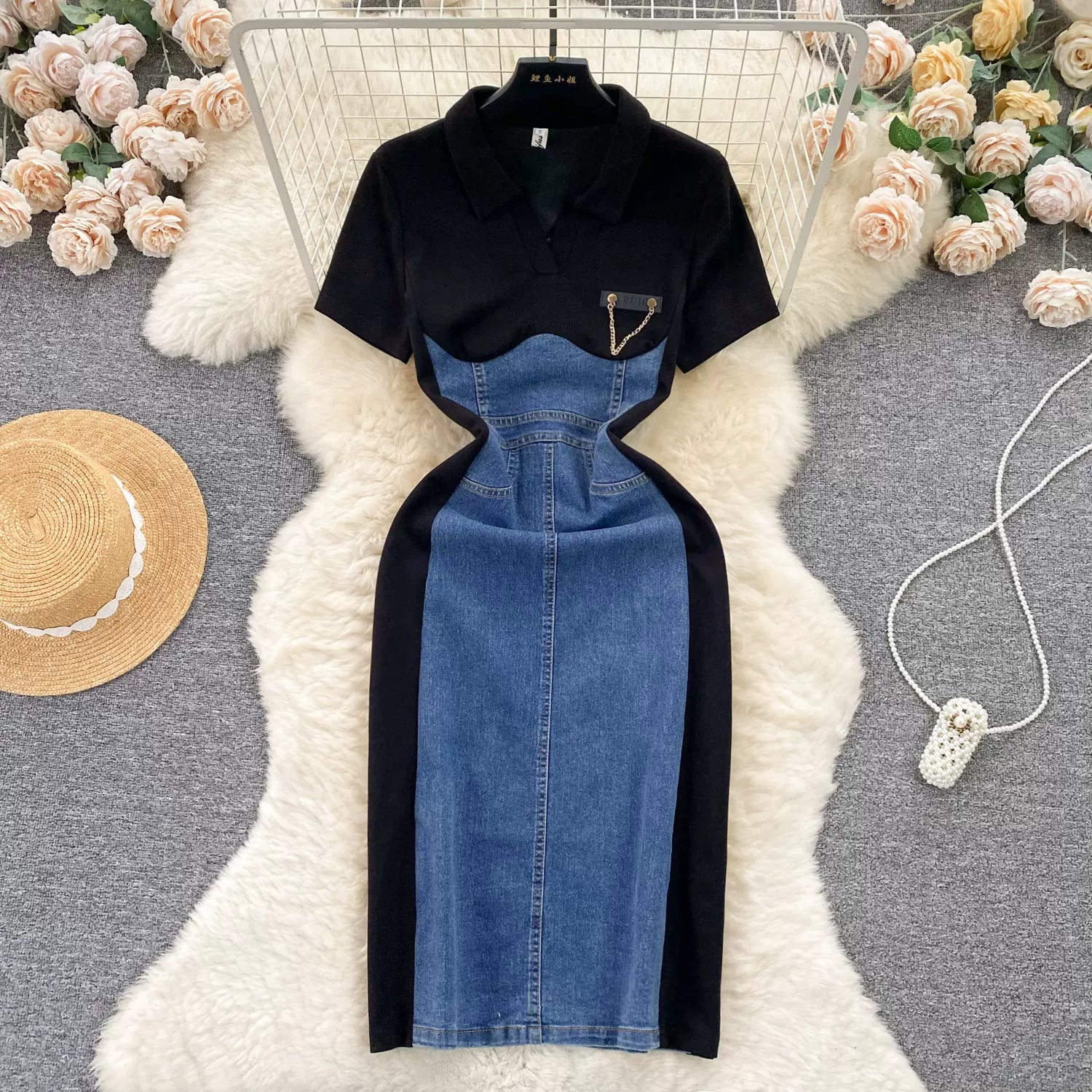 Salt style dress, light and mature style dress for women, casual fashion, mid-length, slim fit, fake two-piece spliced long skirt