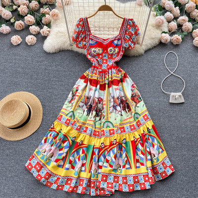 European and American temperament street shooting holiday wind printing mid-length dress retro court style temperament waist waist big swing skirt female