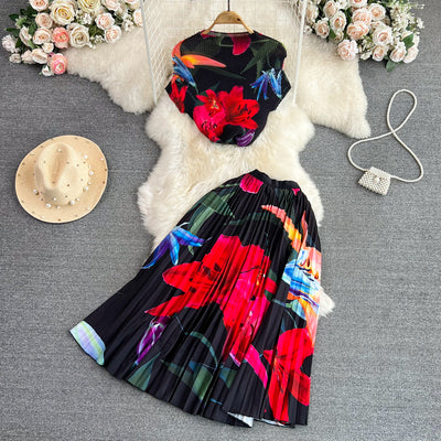 Fashion suit light and familiar style retro temperament short-sleeved stand-up collar pleated slim-fit short top super fairy high-waisted skirt