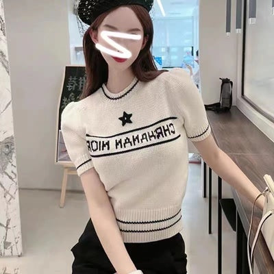 2023 Autumn and Winter Round Neck Pure Cashmere Five-Pointed Star Embroidered Puff Sleeve Letters Knitted Bottoming Shirt Short Sleeve Sweater for Women