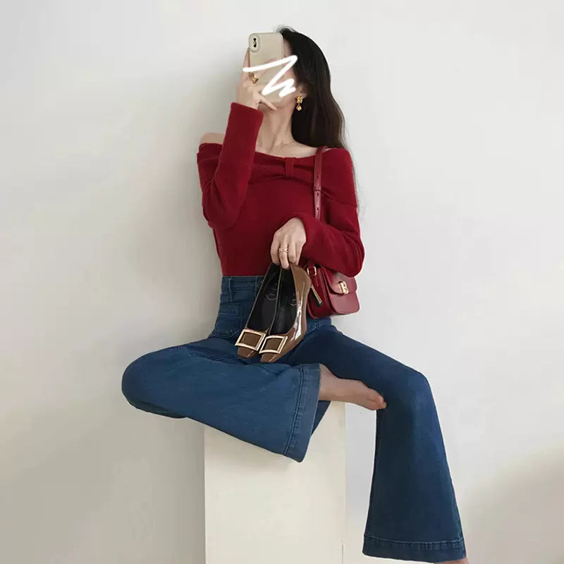 New Year's Eve Retro Red One-shoulder Bow Sweater Women's Autumn and Winter Long-Sleeved Knitted Bottoming Top