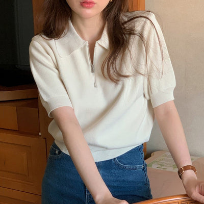 Polo collar sweater short-sleeved t-shirt women's summer thin section zipper lapel ins trendy Korean style chic foreign style short top