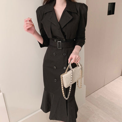 Korean chic autumn French temperament suit collar double-breasted tie waist slimming long-sleeved fishtail dress female