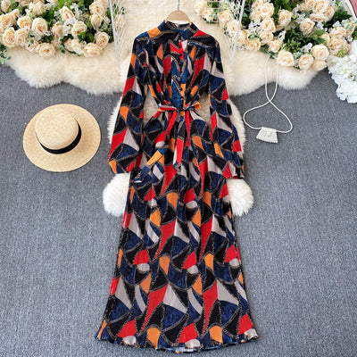 European and American ins design sense niche retro print pleated dress dress fashion blogger holiday dress spring dress