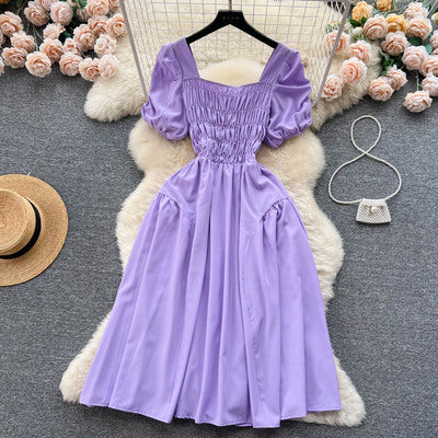 French Hepburn style square collar puff sleeve dress women's summer waist pleats temperament high-end vacation fairy skirt