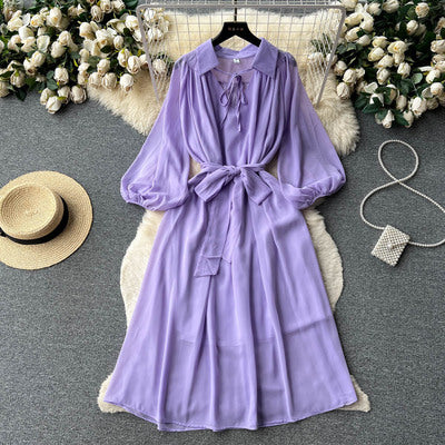 Retro high-end dress women's summer lantern sleeve tie design sense niche light luxury French celebrity temperament skirt