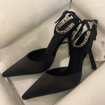 Spring and summer pointed letter rhinestone one word buckle strap Baotou sandals feminine celebrity style stiletto high heels single shoes