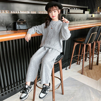 Girls sweater suit autumn clothing 2023 new style medium and large children's style knitted wide-leg pants girls fashionable autumn and winter clothes