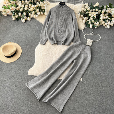 Fashion suit for women in autumn and winter new retro lazy pullover twist sweater high waist wide leg knitted trousers two piece set