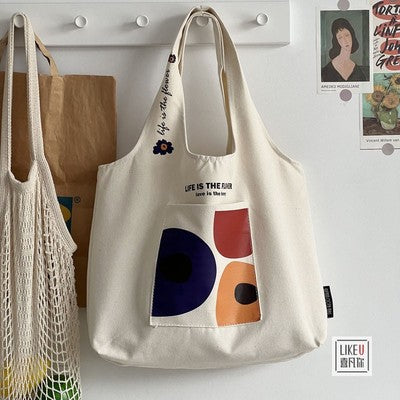 Original self-made Japanese outer pocket small flower illustration design tote canvas handbag versatile literary shoulder bag