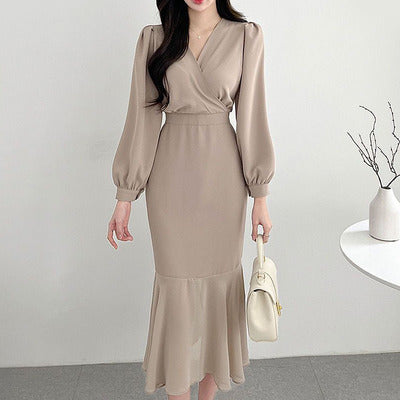 Korean chic early spring French elegant cross V-neck tie waist puff sleeve fishtail dress mid-length skirt female