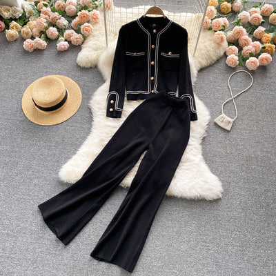 Light and mature style knitted suit for women, new autumn design, single-breasted cardigan, high-waisted slimming wide-leg pants two-piece set