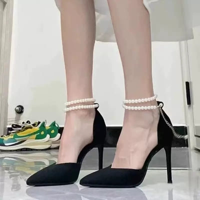 2023 New Pointed Toe Stiletto High Heels Women's Black Suede One-Buckle Strap Sandals Women's Shoes Pearl High Heels Women